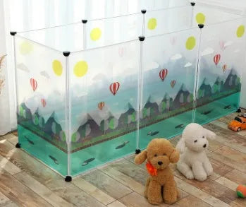 Pet transparent fence with six clear plastic panels arranged as a barrier on a wooden floor, showing interlocking connectors