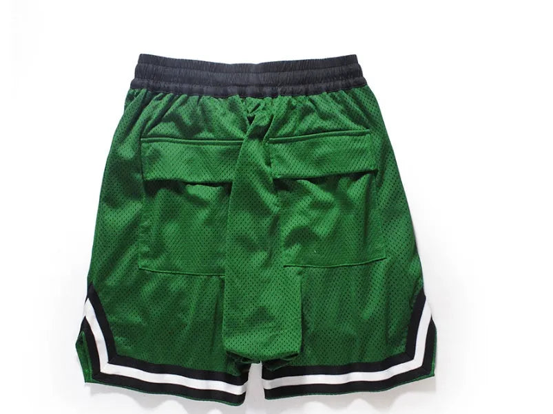 Men's elastic waist baggy sports shorts with zip fly, front view, black colour
