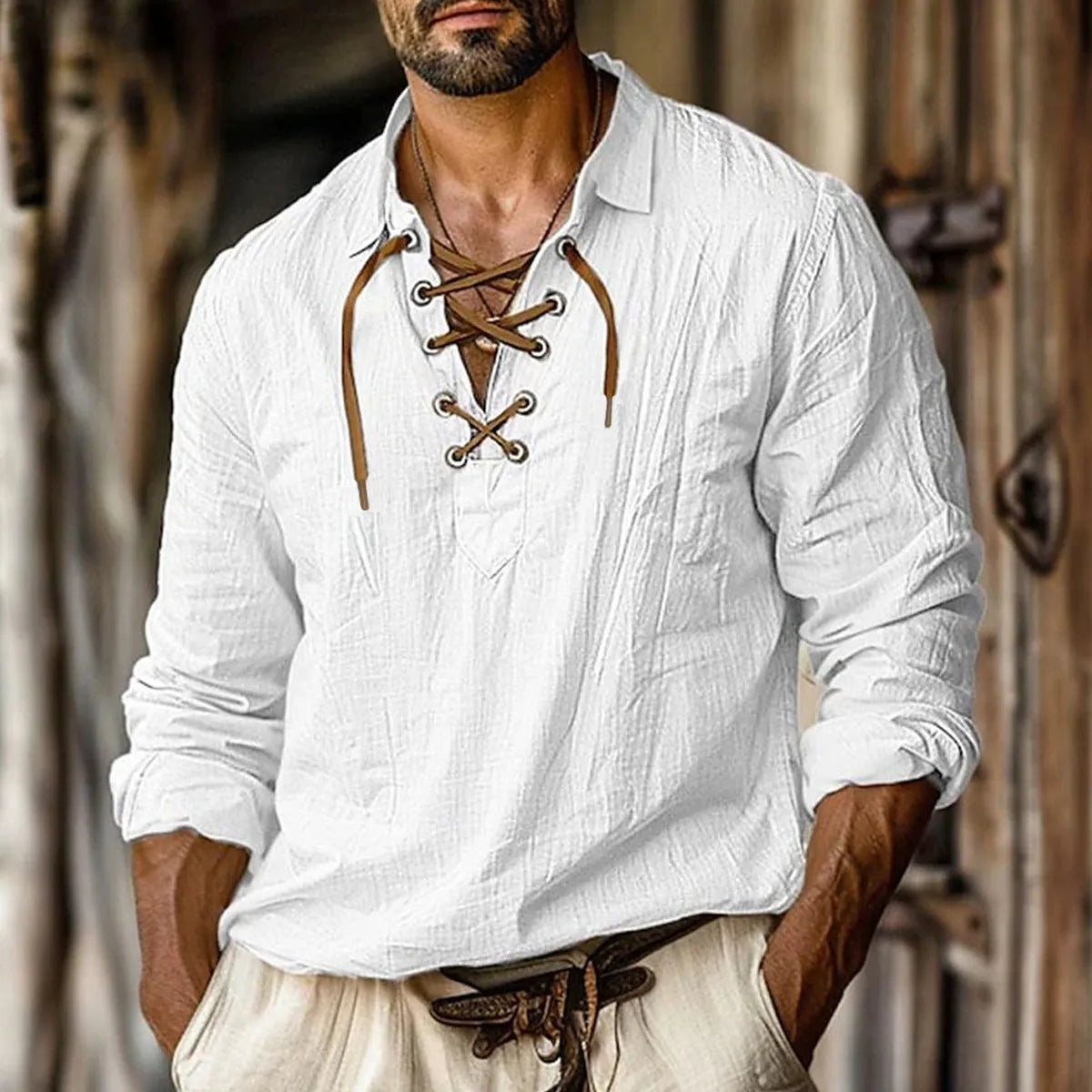 Men's solid colour linen blend shirt with lapels, lace details, and long sleeves in a loose plus-size fit.