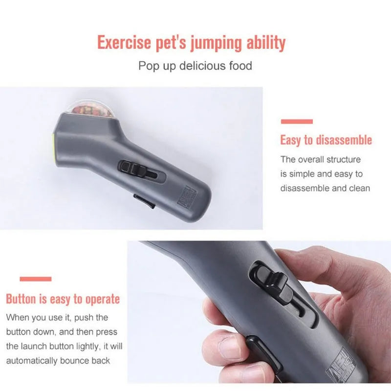 Grey pet snack launcher toy measuring 18cm with spring trigger for dog and cat training