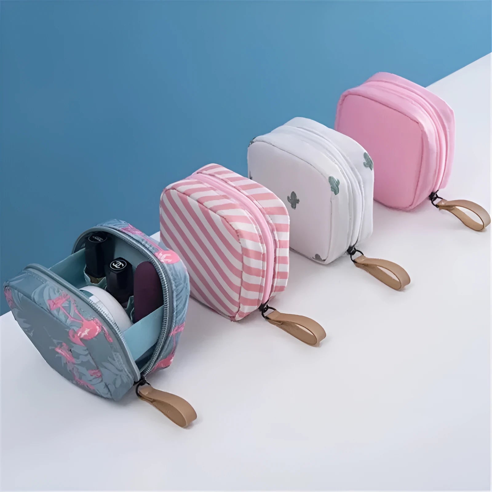 Cube-shaped cloth makeup storage bag in blue, pink, white, and white pink colour options