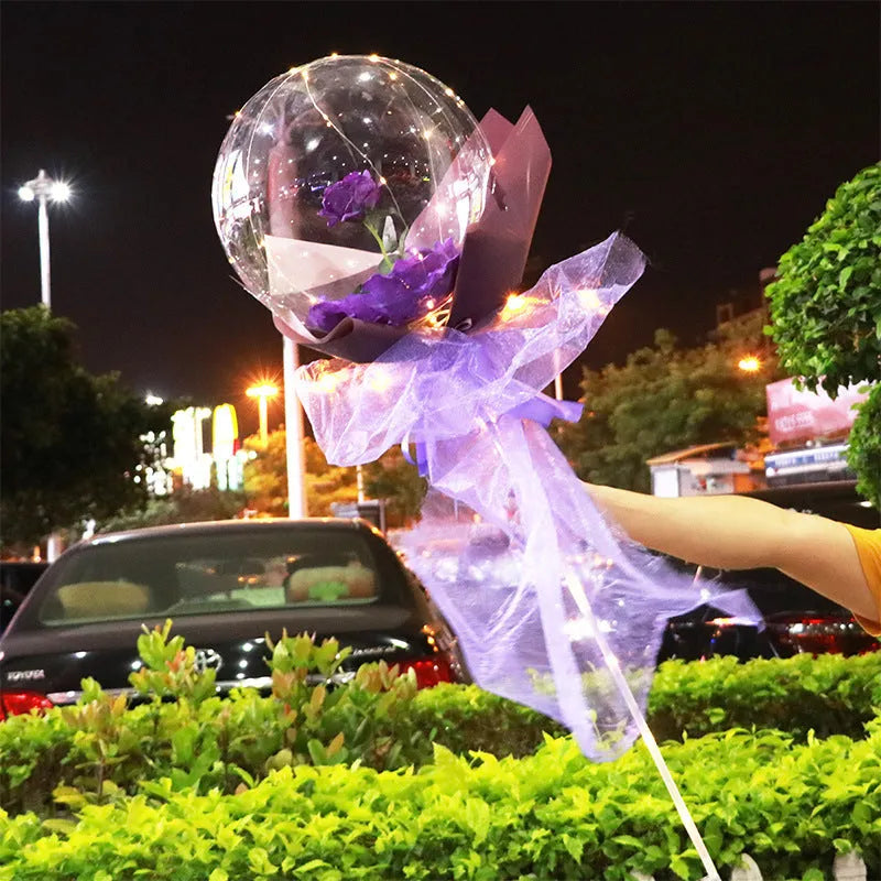 DIY LED luminous balloon rose bouquet set with transparent Bobo balls and LED lights on artificial flowers