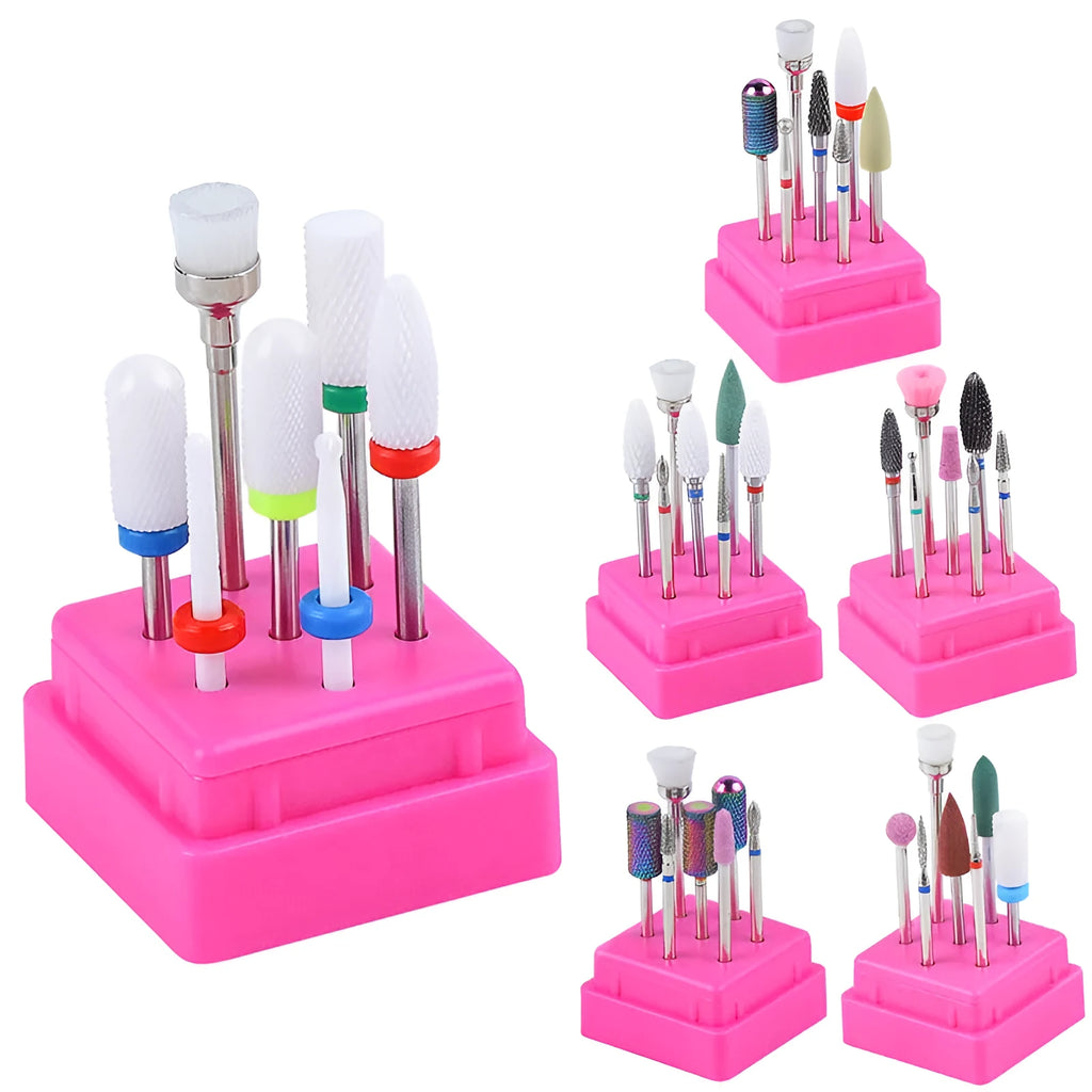 Tungsten steel nail drill bit set with six bits and one brush in a transparent case