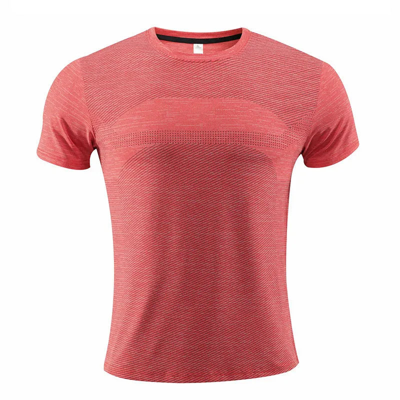 Men's red short-sleeved sports T-shirt made from polyester spandex fabric for running and basketball.