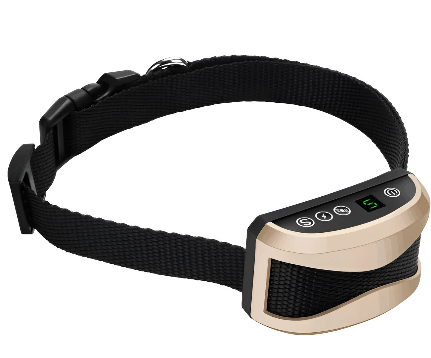Black dog bark training collar with digital display, adjustable strap, and micro-USB charger.