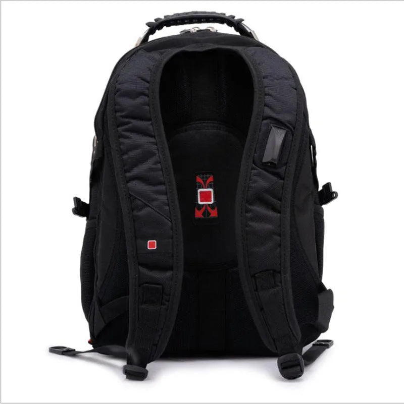 Black business computer backpack showing three compartments and laptop storage