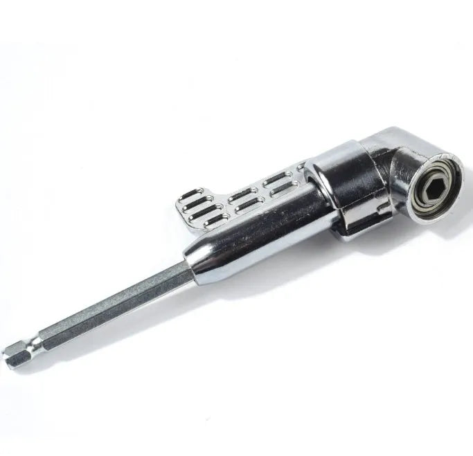 Silver angle screwdriver with 105-degree flexible shaft and magnetic quick-release handle for electric drills.