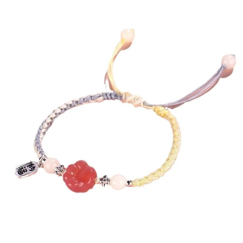Red cat's paw woven bracelet handmade from glass and coloured glaze in pink or yellow couple style