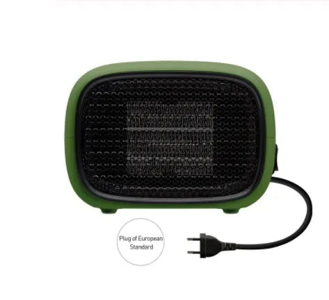 Mini ceramic heater with compact dimensions and green, white, or yellow colour options