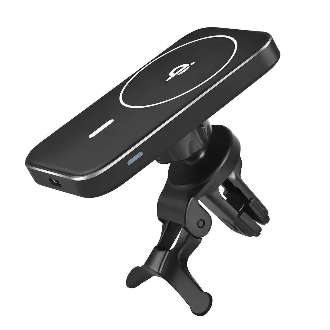 Black M6 magnetic wireless car charger bracket mounted on dashboard with phone attached