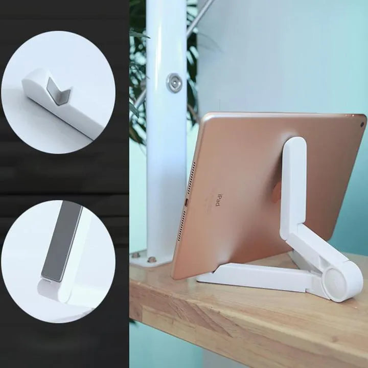 Black foldable tablet holder displaying smartphone in landscape position on desk