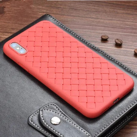 Luxury grid weaving protective case for iPhone on a table, showing raised lips and colour options.