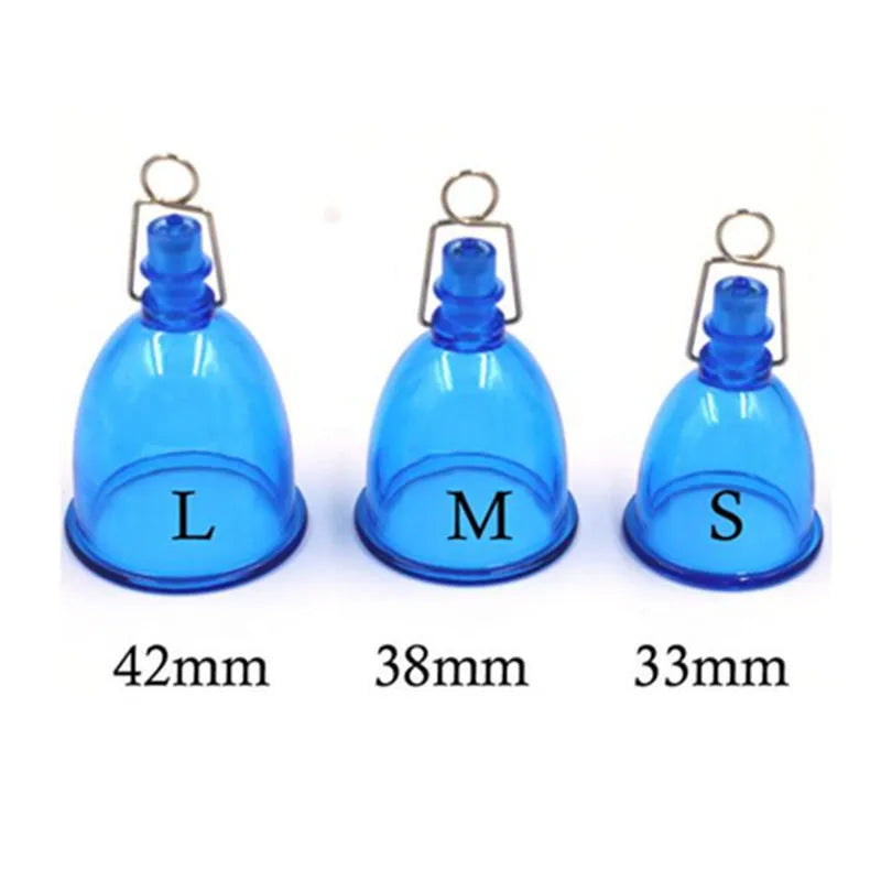 Blue silicone male masturbator adult toy shown in small, medium, and large size options.