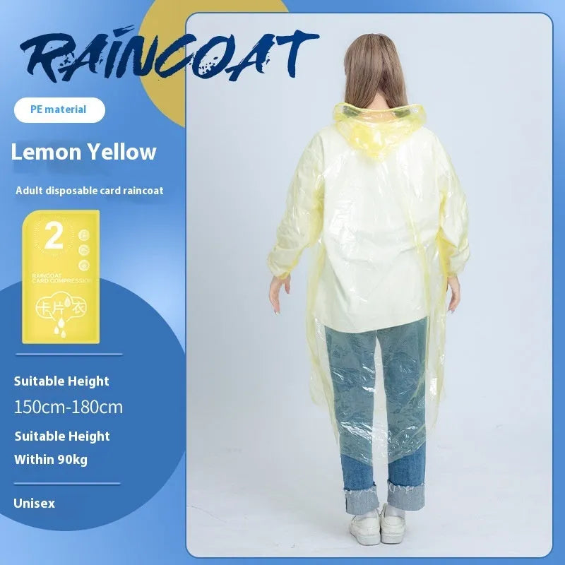 Disposable long full-body raincoat on a portable card, shown in purple, with adult and children size options.
