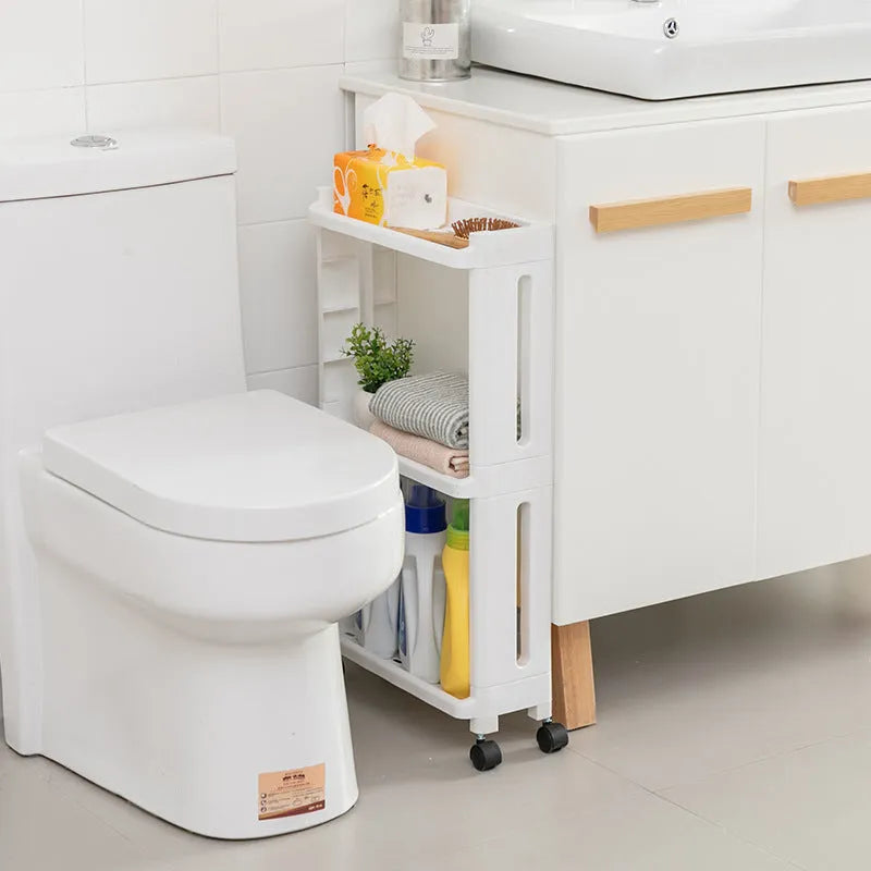 Plastic kitchen storage rack with wheels, multi-layer, narrow gap design, white colour