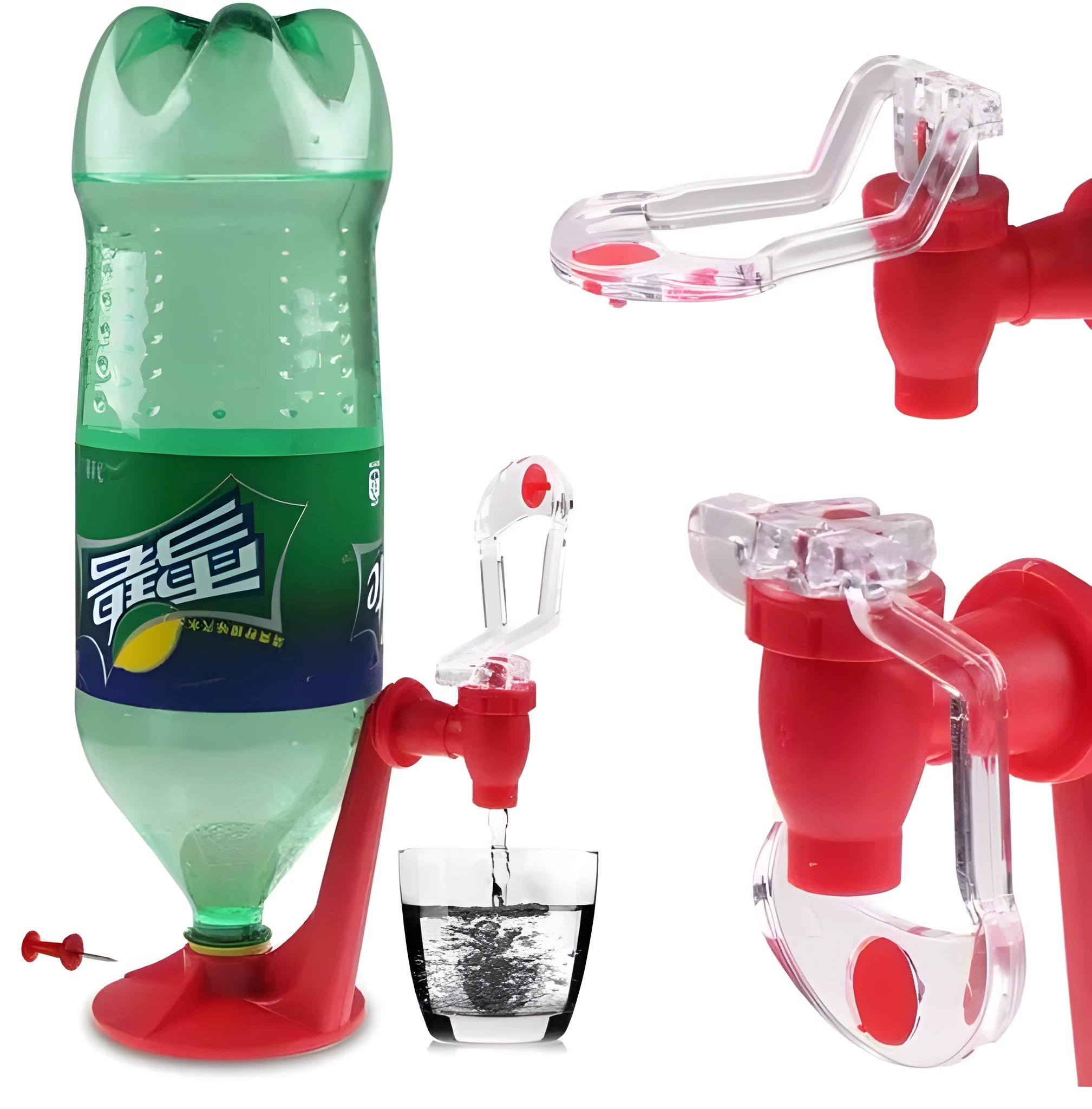 Red plastic Magic Tap soda dispenser attached to an inverted 2-litre bottle