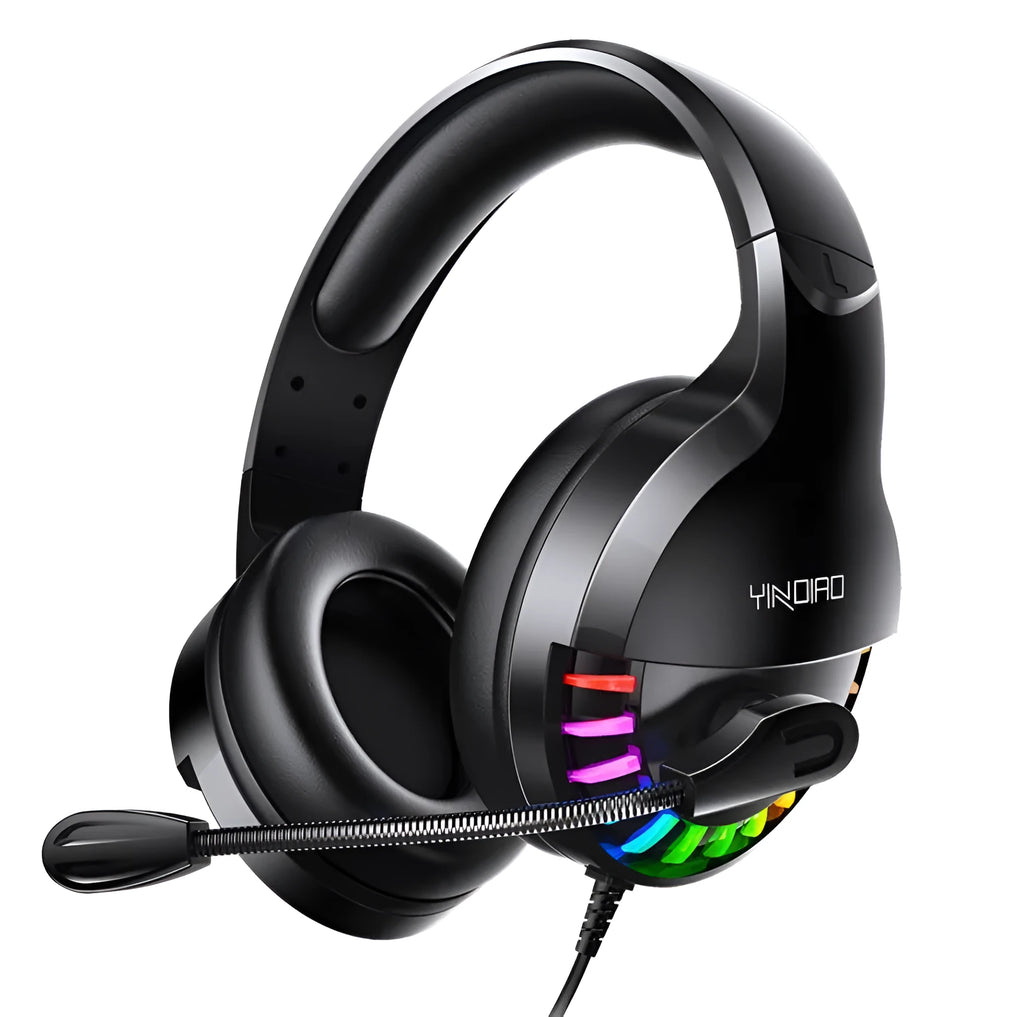 Black wired gaming headset with detachable microphone and in-line sound card control