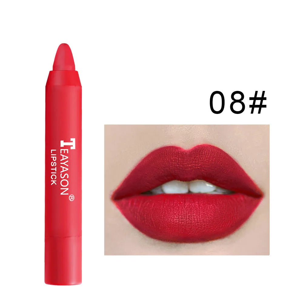 Matte rotating lipstick pen with 12 colour shades in compact 1.8 x 1.8 x 11 cm packaging