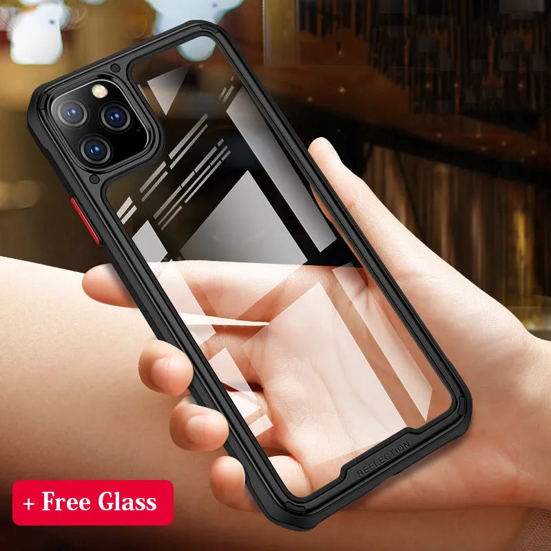 Clear transparent mobile phone case for iPhone 11 on a table.