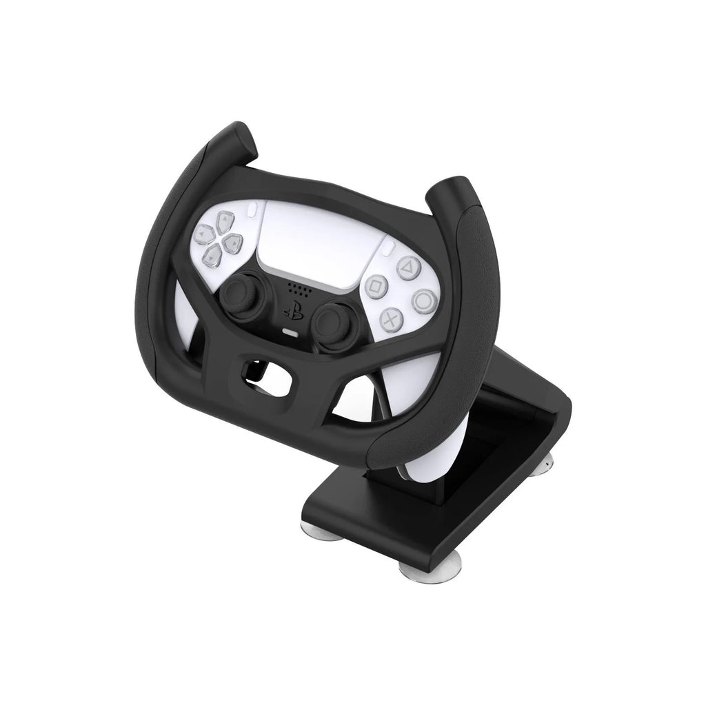 Black ABS plastic gamepad steering wheel bracket with a suction cup mount for mobile phones.