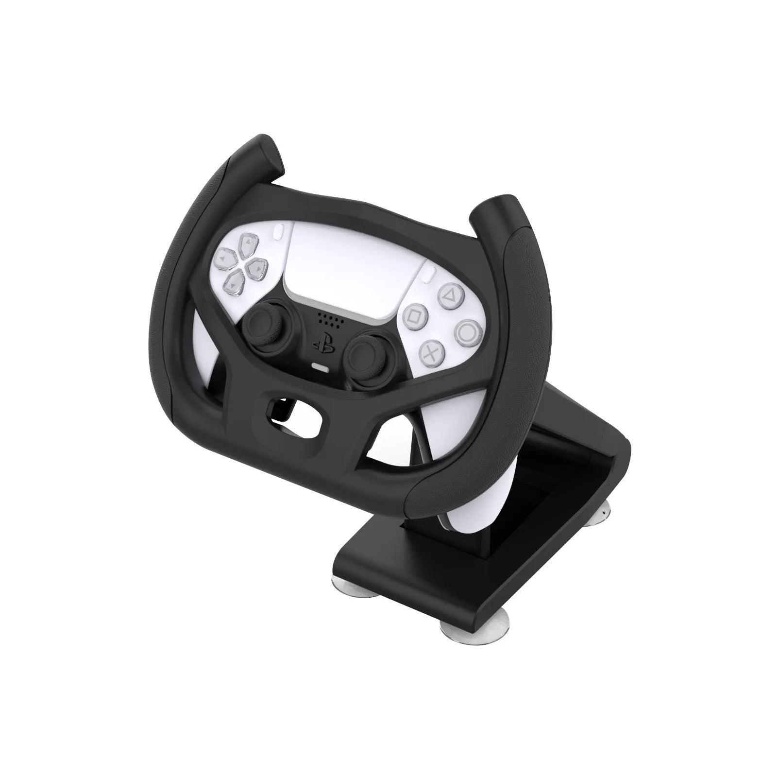 Black ABS plastic gamepad steering wheel bracket with a suction cup mount for mobile phones.
