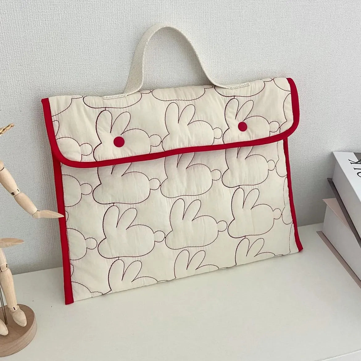 Embroidered rabbit pattern tablet storage bag in black dot nylon, suitable for 11 inch tablet
