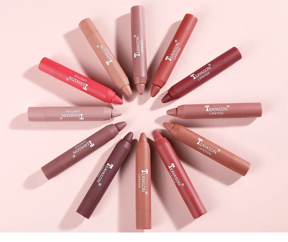 Matte rotating lipstick pen with 12 colour shades in compact 1.8 x 1.8 x 11 cm packaging