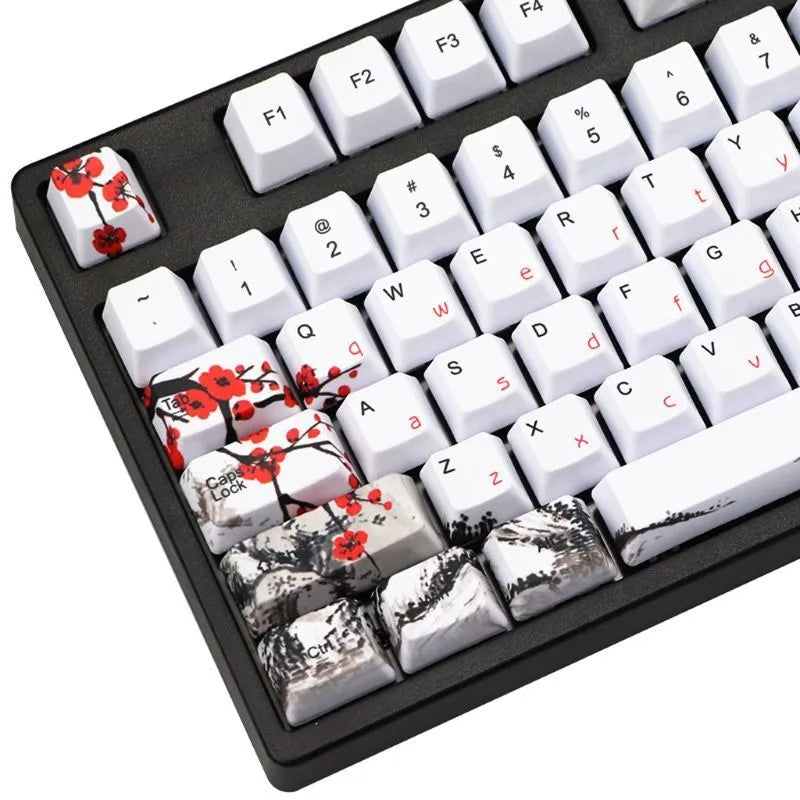 PBT Wangjiang plum blossom themed 109-key keycap set for mechanical keyboards, showing Korean and Japanese legends.