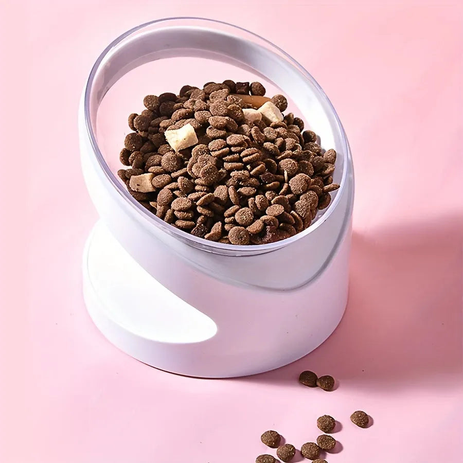White clear plastic elevated cat food bowl with anti-vomit tilt design on stable base
