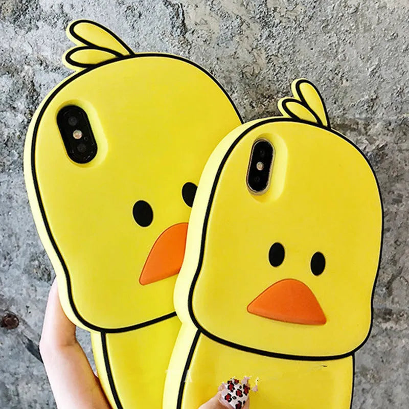 Green and yellow silicone iPhone cases with animal cartoon designs on a white background.