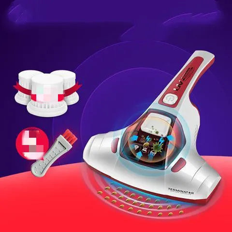 Pink handheld vacuum cleaner with UV light for mite control on a mattress.