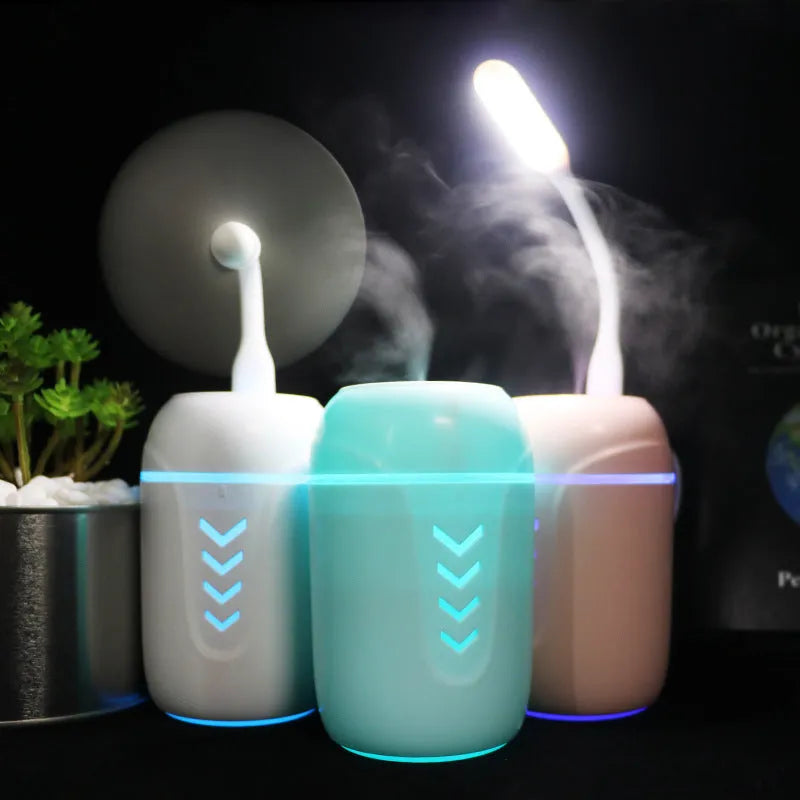 X3 portable car humidifier in blue, pink, or white with 200ml tank and USB/AC power