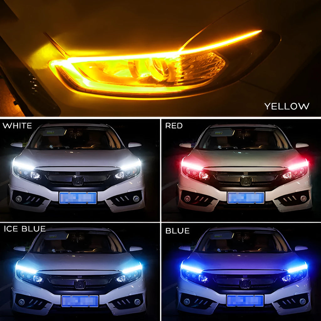 Flexible silicone car LED light strip for daytime running and flowing turn signals, showing wire connections.
