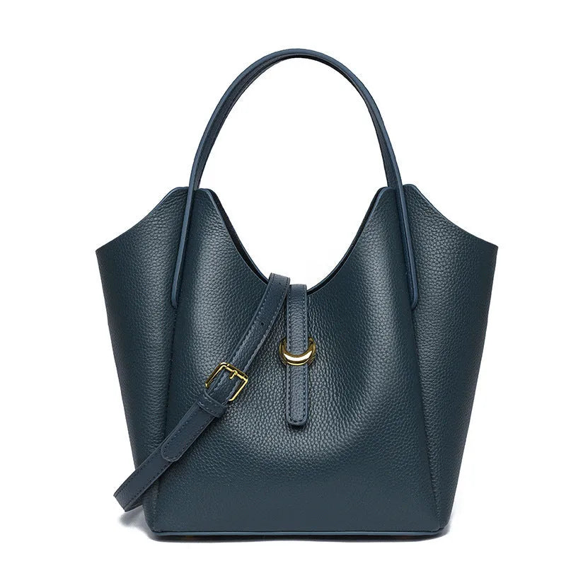 Genuine leather women's retro bucket bag with hand holding design in black, beige, khaki or lake blue colour