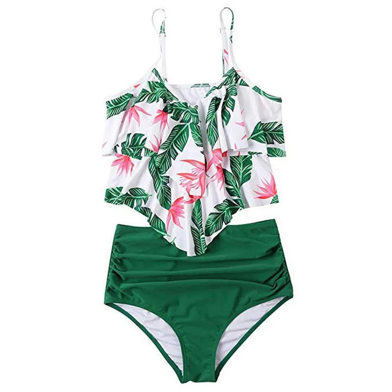 Ruffled bikini swimsuit in polyester, 82% fabric with 18% lining, available in Black, Green, Rose Red, sizes S-XL