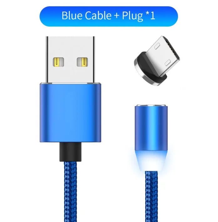 Black magnetic LED charging cable with aluminium shell and woven texture, showing LED light and connector.