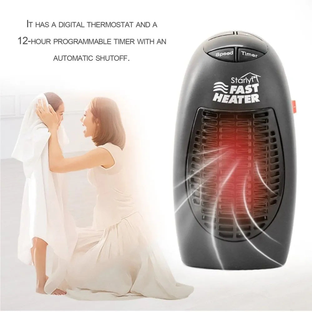 Black mini ceramic electric heater with digital display and a rotating three-prong plug.