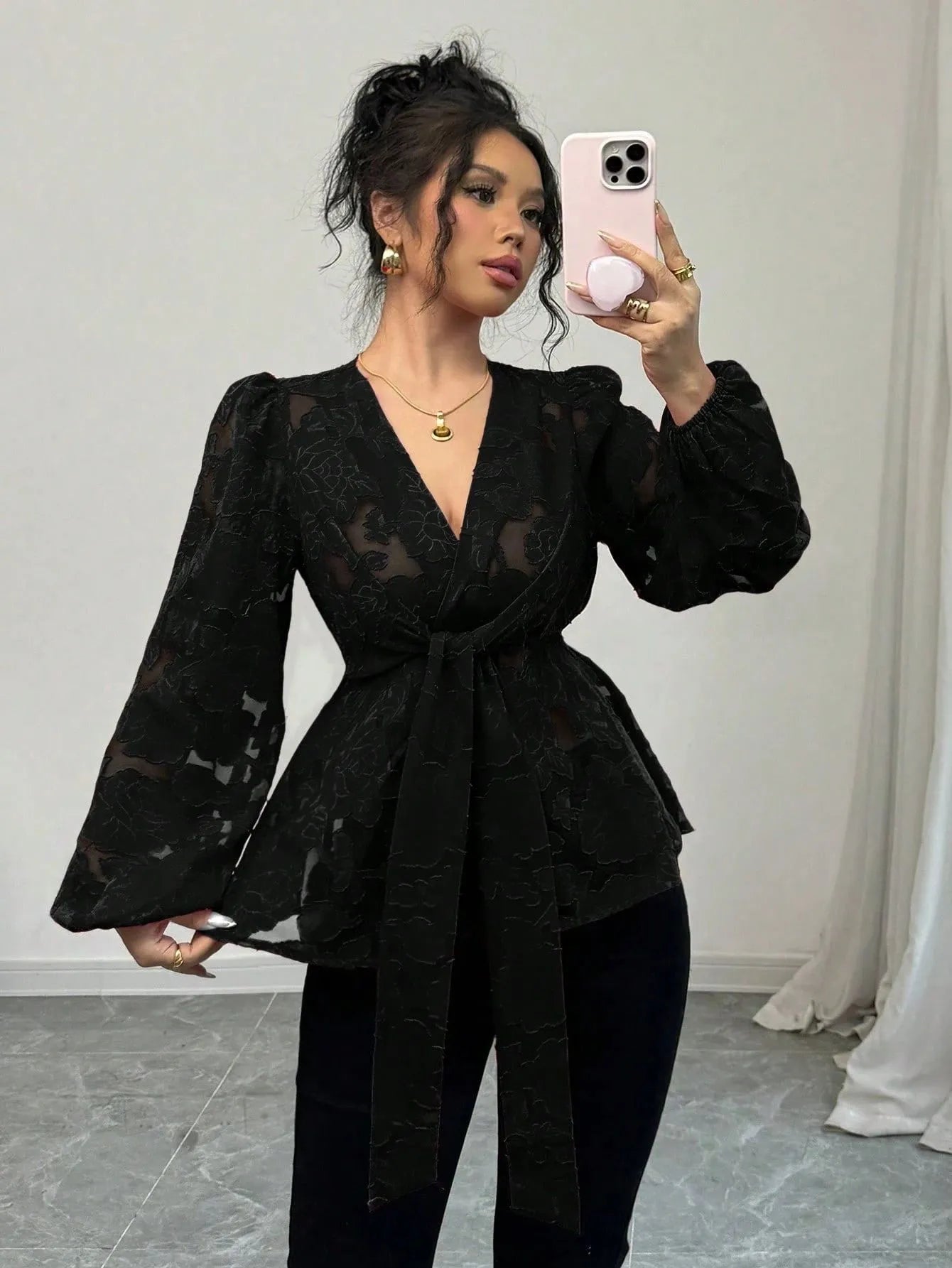 Semi-transparent hollow-out polyester long-sleeved V-neck women's shirt in black with embroidery details