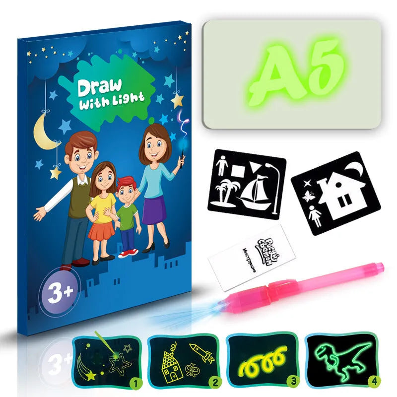 Educational drawing pad with light-accumulating coating, flashlight marker, and alphabet template for children aged 4-6.