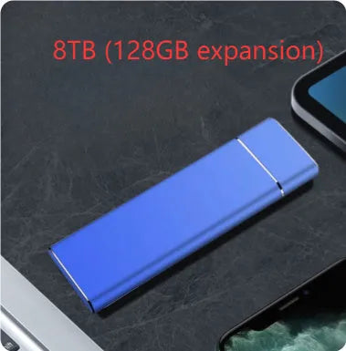 Sapphire blue portable external solid state hard disk with metal casing measuring 10.3cm