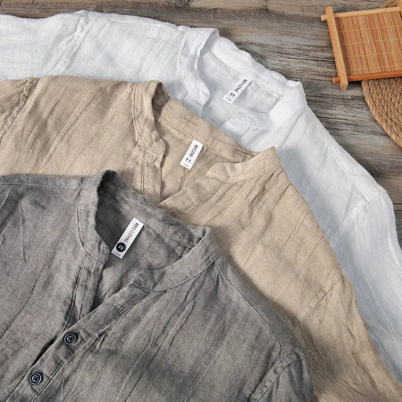 Grey striped linen short sleeve pullover top for men laid flat