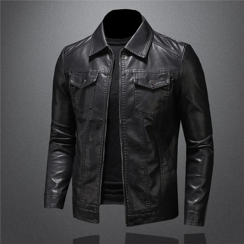 Men's thin artificial leather jacket in Black Plus Velvet with loose fit and straight hem, standing front view