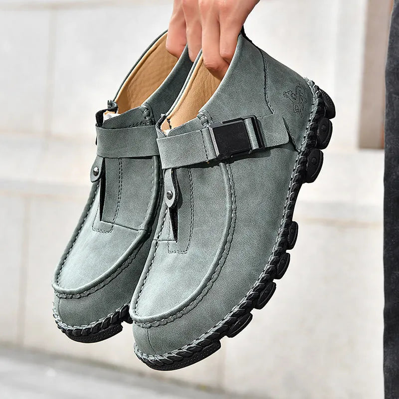 Handmade stitching casual flat bottom slip on shoes in black synthetic leather with literary retro style
