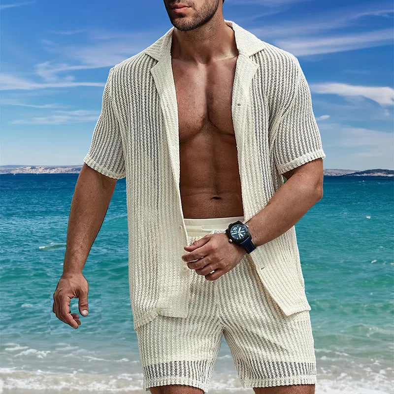 Men's retro light yellow striped Henley shirt with short sleeves and lapel collar, casual loose fit