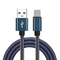 Cowboy style braided type-c charging cable with aluminium connectors in black, blue, and red colour options.