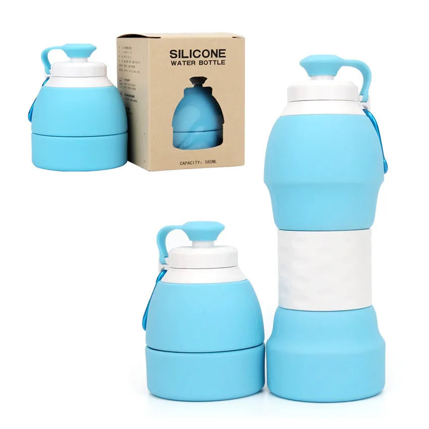 Blue silicone folding water bottle shown expanded and collapsed with measurement scale