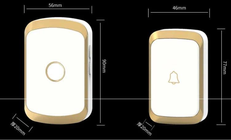 Wireless doorbell transmitter and plug-in receiver unit with 300m range and 36 melody options.