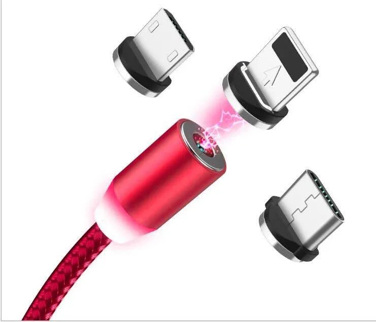 Black magnetic LED charging cable with aluminium shell and woven texture, showing LED light and connector.