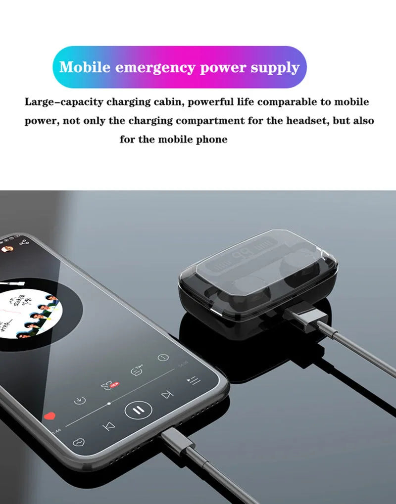Black M11 style Bluetooth wireless headset with digital display, showing charging case with integrated mobile phone holder.