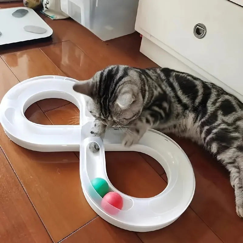 Cat toys set with rotating track ball turntable and teasing stick on white background